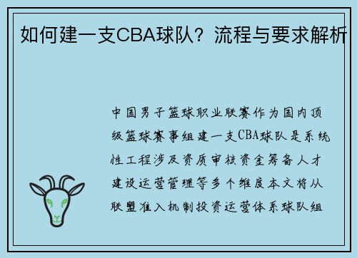 如何建一支CBA球队？流程与要求解析